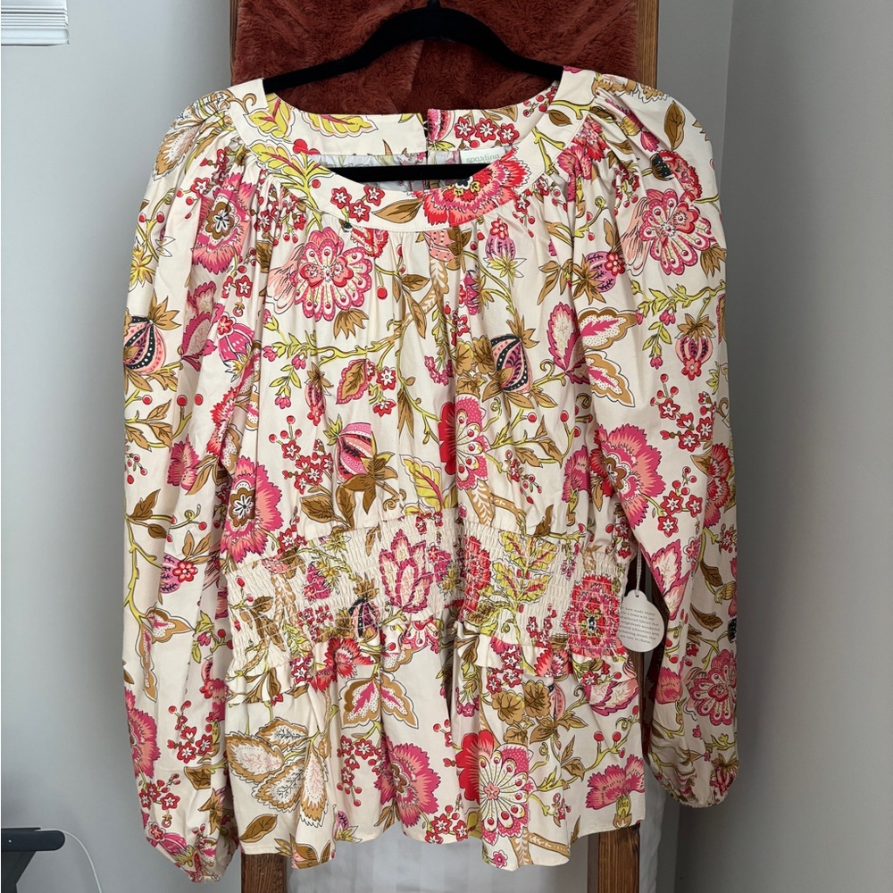 Spartina 449 Floral Peasant Blouse in Cream, Pink and Brown